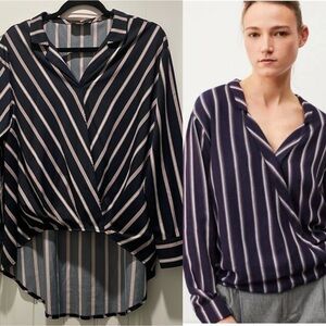 PATRIZIA LUCA Women Medium Navy Blue Striped Faux Wrap Balletcore Contemporary